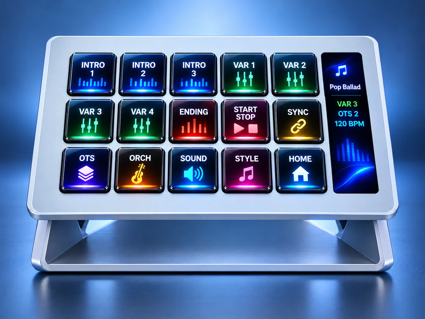 Blue-toned original ArrangerX controller concept with 15 LCD screen-buttons in three rows of five and one continuous status screen at the right