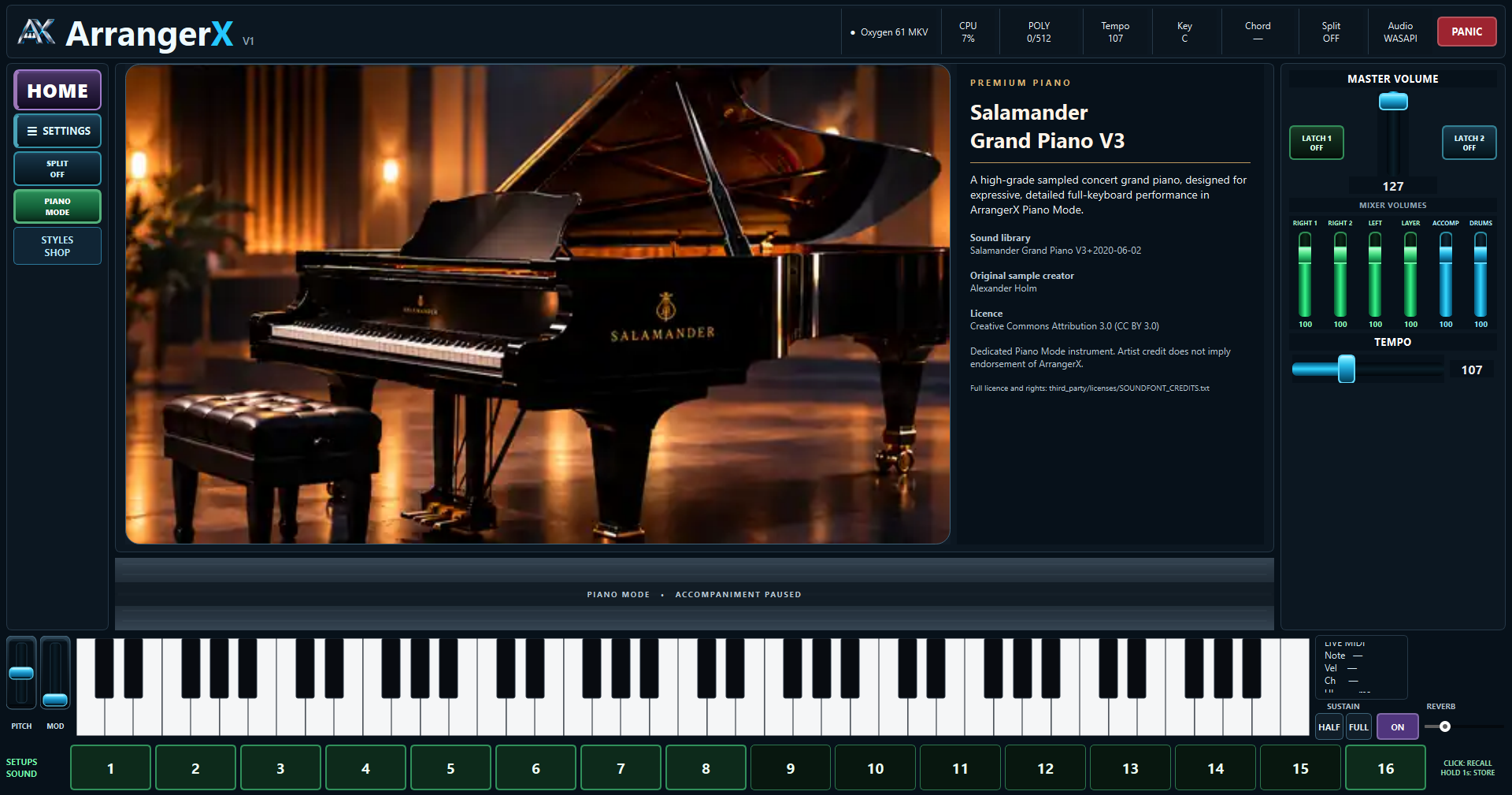 Actual ArrangerX V1 Piano Mode screenshot showing the grand piano and closed accompaniment shutter