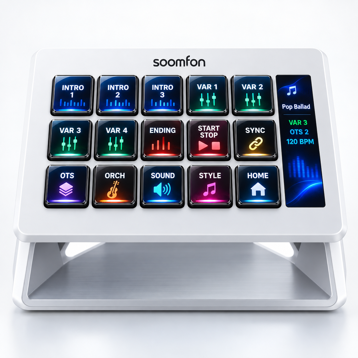 Example third-party 15-key LCD control deck shown with an ArrangerX live-control layout